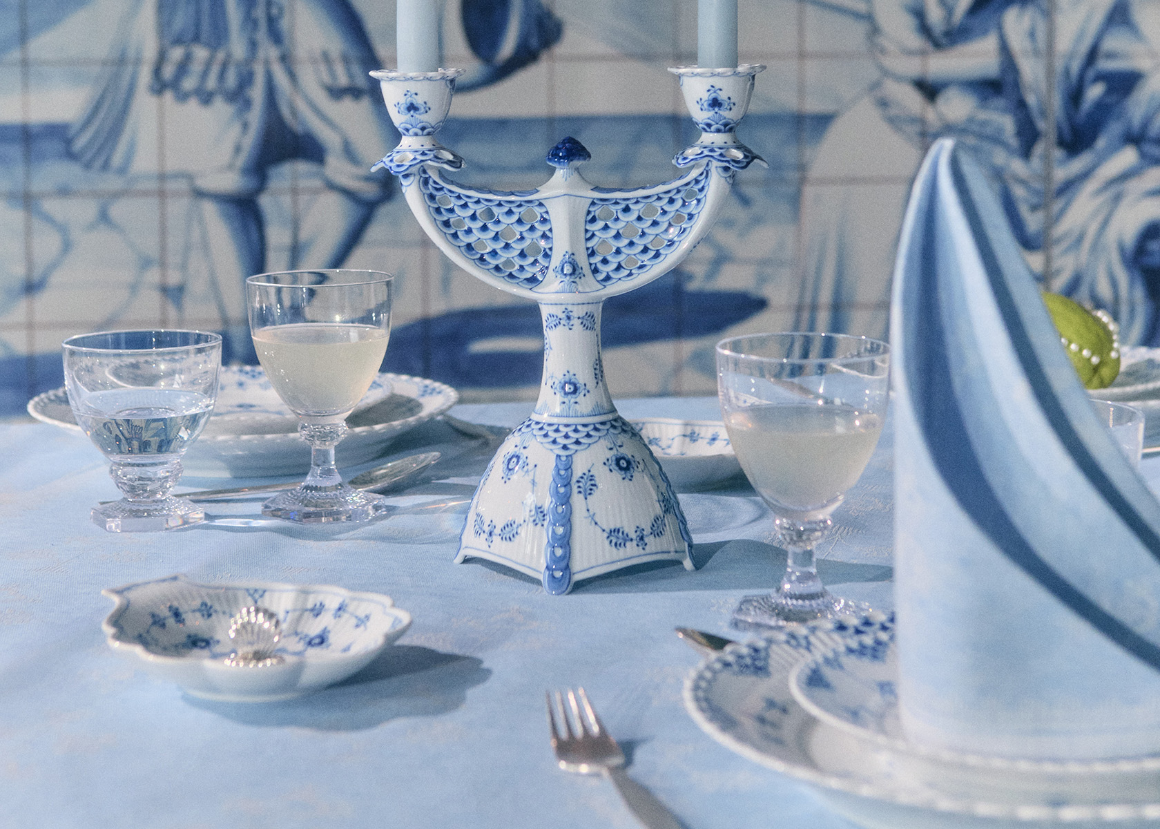 Blue Fluted Full Lace porcelain Candelabra